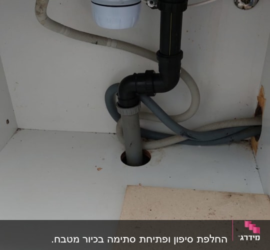צנרת מתחת לכיור עם חיבורים וצינורות פלסטיק
